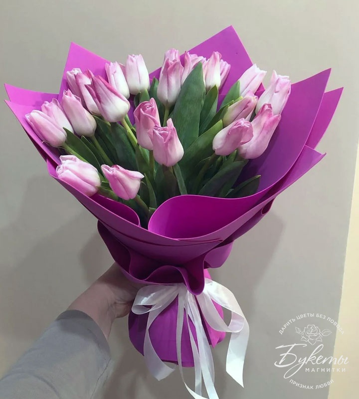 Купить 21 розовый тюльпан в упаковке с доставкой по Магнитогорску